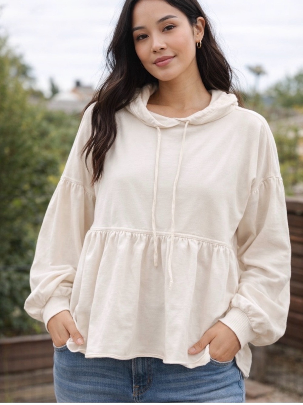 Aerie Size S Cream Hooded Peplum Cottagecore Coquette Oversized Cotton Pullover